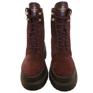Valentino Garavani Rockstud Burgundy Suede Platform Combat Boots IT 39 / US 9